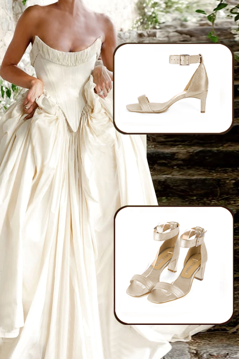 Dress sandals ankle strap in gold leather with medium comma heels and square toe - Worn view